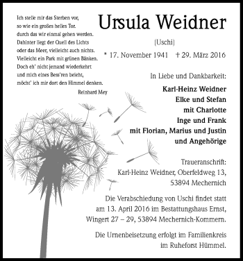 Anzeige von Ursula Weidner von Kölner Stadt-Anzeiger / Kölnische Rundschau / Express