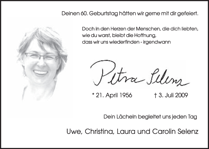  Traueranzeige für Petra Selenz vom 20.04.2016 aus  Schlossbote/Werbekurier 