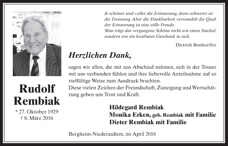  Traueranzeige für Rudolf Rembiak vom 13.04.2016 aus  Werbepost 
