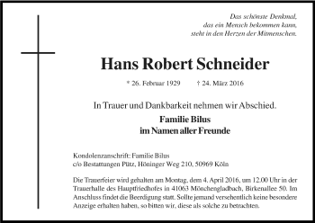 Anzeige von Hans Robert Schneider von Kölner Stadt-Anzeiger / Kölnische Rundschau / Express