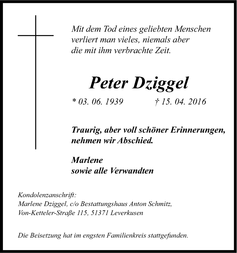  Traueranzeige für Peter Dziggel vom 29.04.2016 aus Kölner Stadt-Anzeiger / Kölnische Rundschau / Express