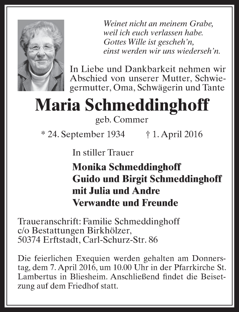  Traueranzeige für Maria Schmeddinghoff vom 06.04.2016 aus  Werbepost 