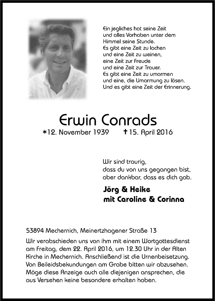  Traueranzeige für Erwin Conrads vom 20.04.2016 aus Kölner Stadt-Anzeiger / Kölnische Rundschau / Express