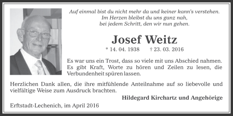  Traueranzeige für Josef Weitz vom 20.04.2016 aus  Werbepost 
