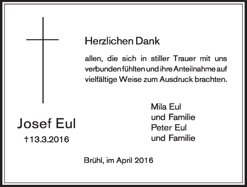  Traueranzeige für Josef Eul vom 13.04.2016 aus  Schlossbote/Werbekurier 