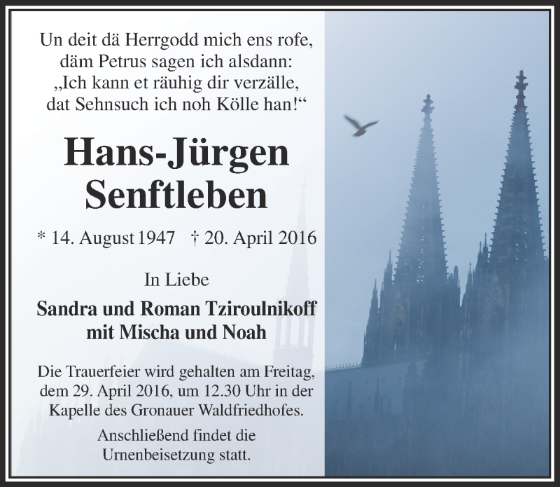  Traueranzeige für Hans-Jürgen Senftleben vom 27.04.2016 aus  Bergisches Handelsblatt 