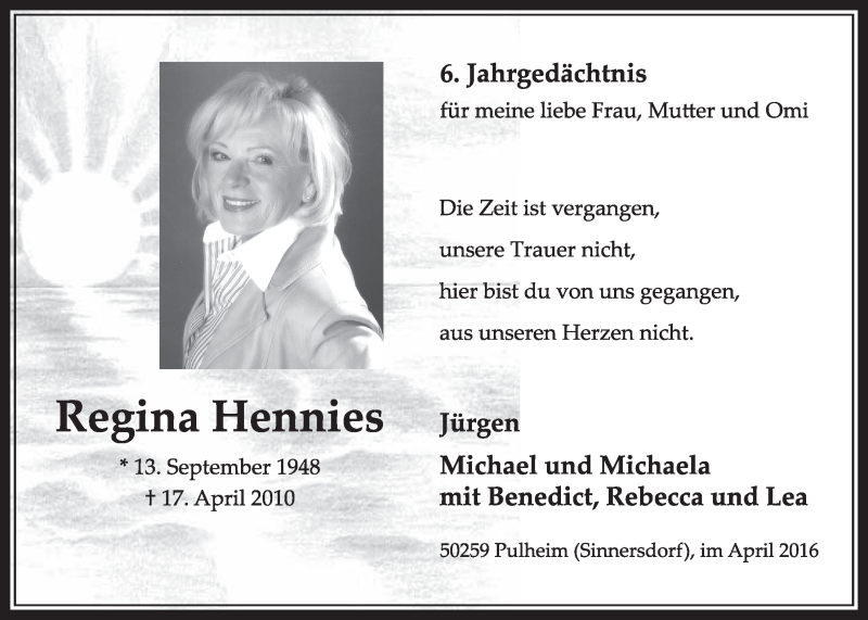  Traueranzeige für Regina Hennies vom 16.04.2016 aus  Sonntags-Post 