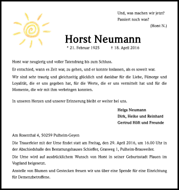 Anzeige von Horst Neumann von Kölner Stadt-Anzeiger / Kölnische Rundschau / Express