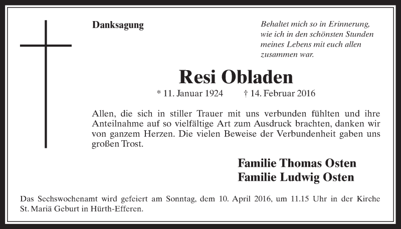  Traueranzeige für Resi Obladen vom 06.04.2016 aus  Wochenende 