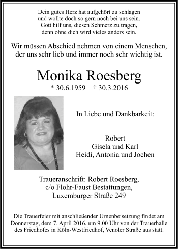 Anzeige von Monika Roesberg von Kölner Stadt-Anzeiger / Kölnische Rundschau / Express