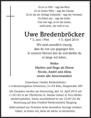 Anzeige von Uwe Bredenbröcker von  Kölner Wochenspiegel 