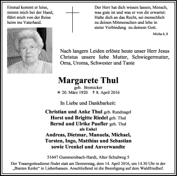 Anzeige von Margarete Thul von Kölner Stadt-Anzeiger / Kölnische Rundschau / Express