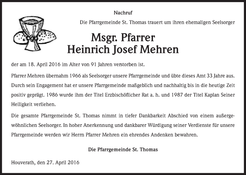  Traueranzeige für Heinrich Josef Mehren vom 30.04.2016 aus  Blickpunkt Euskirchen 