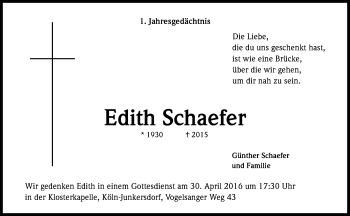 Anzeige von Edith Schaefer von Kölner Stadt-Anzeiger / Kölnische Rundschau / Express