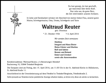 Anzeige von Waltraud Reuter von Kölner Stadt-Anzeiger / Kölnische Rundschau / Express