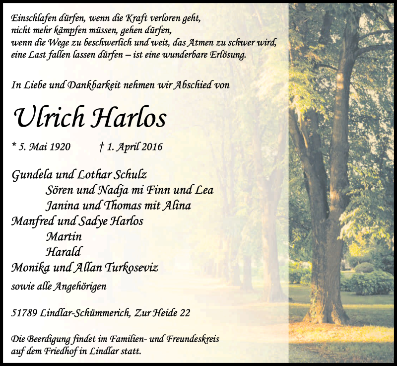  Traueranzeige für Ulrich Harlos vom 09.04.2016 aus Kölner Stadt-Anzeiger / Kölnische Rundschau / Express