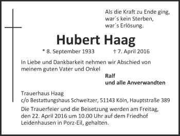 Anzeige von Hubert Haag von  Kölner Wochenspiegel 