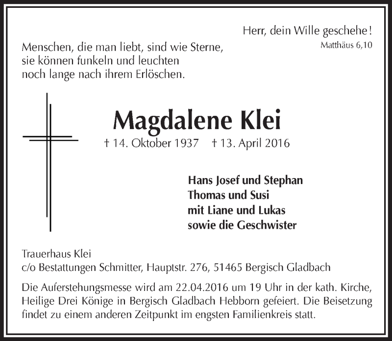  Traueranzeige für Magdalene Klei vom 20.04.2016 aus  Bergisches Handelsblatt 