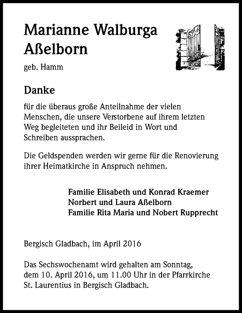 Traueranzeige für Marianne Walburga Aßelborn vom 02.04.2016 aus Kölner Stadt-Anzeiger / Kölnische Rundschau / Express