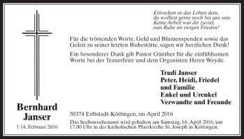 Anzeige von Bernhard Janser von  Werbepost 