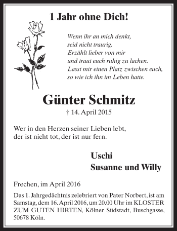 Anzeige von Günter Schmitz von  Wochenende 