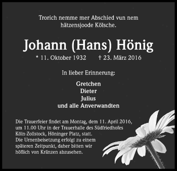 Anzeige von Johann Hönig von Kölner Stadt-Anzeiger / Kölnische Rundschau / Express