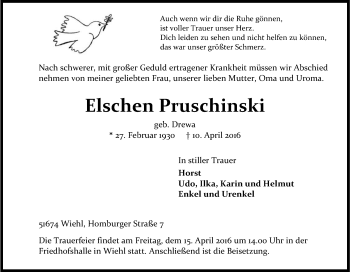 Anzeige von Elschen Pruschinski von Kölner Stadt-Anzeiger / Kölnische Rundschau / Express