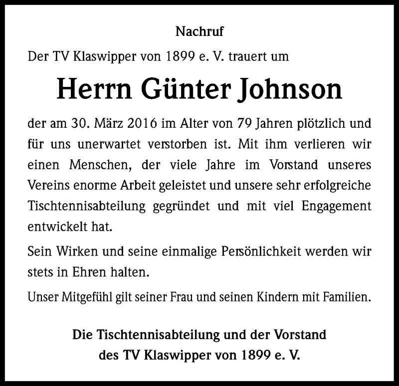  Traueranzeige für Günter Johnson vom 08.04.2016 aus Kölner Stadt-Anzeiger / Kölnische Rundschau / Express