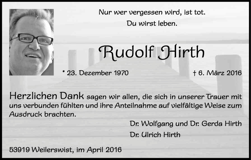  Traueranzeige für Rudolf Hirth vom 16.04.2016 aus Kölner Stadt-Anzeiger / Kölnische Rundschau / Express