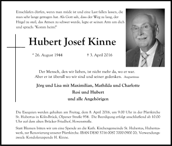 Anzeige von Hubert Josef Kinne von Kölner Stadt-Anzeiger / Kölnische Rundschau / Express