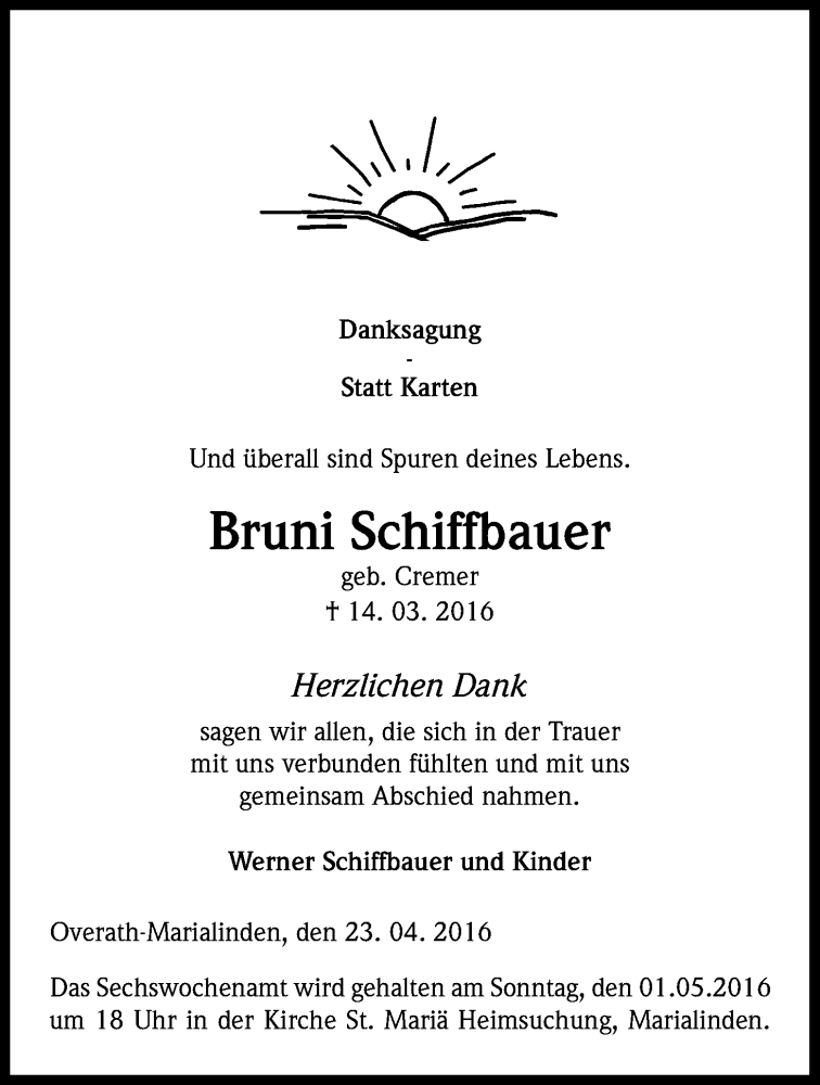  Traueranzeige für Bruni Schiffbauer vom 23.04.2016 aus Kölner Stadt-Anzeiger / Kölnische Rundschau / Express