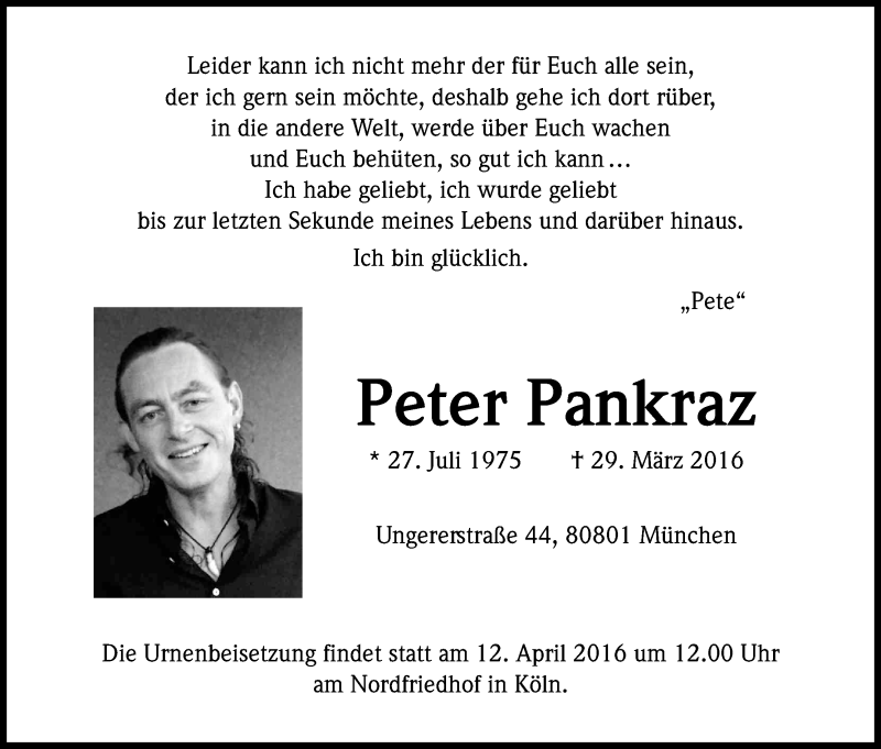  Traueranzeige für Peter Pankraz vom 09.04.2016 aus Kölner Stadt-Anzeiger / Kölnische Rundschau / Express