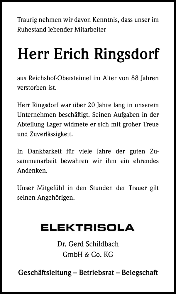 Traueranzeige für Erich Ringsdorf vom 16.04.2016 aus Kölner Stadt-Anzeiger / Kölnische Rundschau / Express