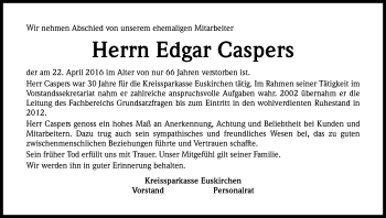 Anzeige von Edgar Caspers von Kölner Stadt-Anzeiger / Kölnische Rundschau / Express