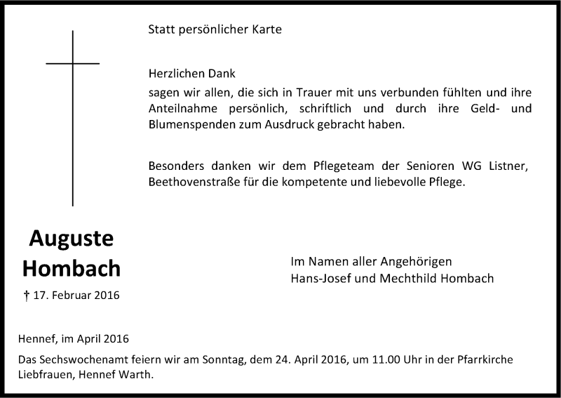  Traueranzeige für Auguste Hombach vom 20.04.2016 aus Kölner Stadt-Anzeiger / Kölnische Rundschau / Express