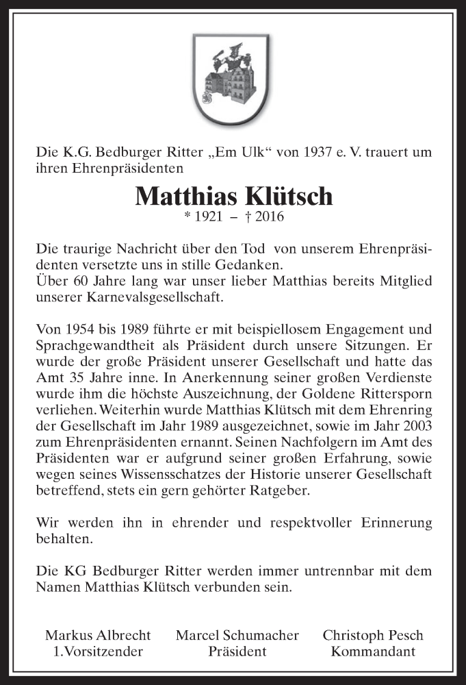  Traueranzeige für Matthias Klütsch vom 06.04.2016 aus  Werbepost 
