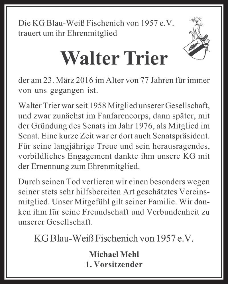  Traueranzeige für Walter Trier vom 06.04.2016 aus  Wochenende 