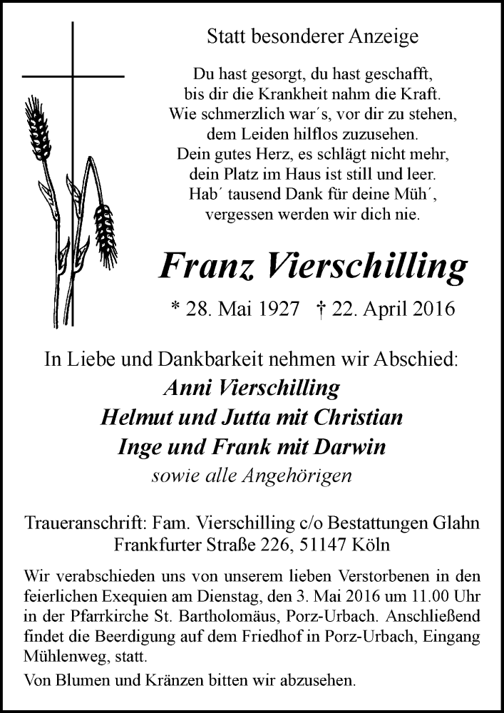  Traueranzeige für Franz Vierschilling vom 27.04.2016 aus  Kölner Wochenspiegel 