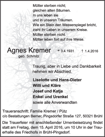 Anzeige von Agnes Kremer von  Schlossbote/Werbekurier 