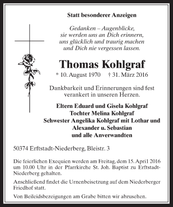 Anzeige von Thomas Kohlgraf von  Werbepost 