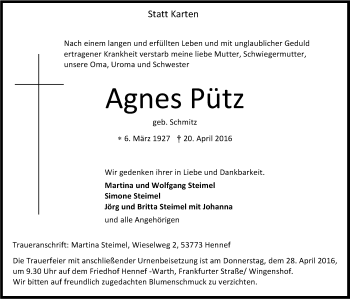 Anzeige von Agnes Pütz von Kölner Stadt-Anzeiger / Kölnische Rundschau / Express