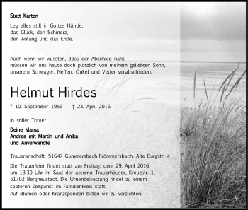 Anzeige von Helmut Hirdes von Kölner Stadt-Anzeiger / Kölnische Rundschau / Express
