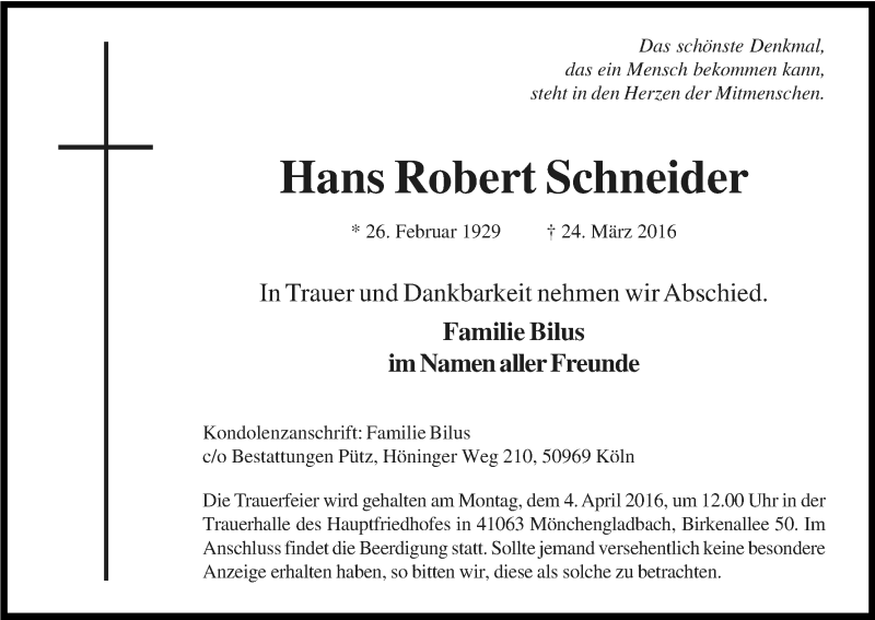  Traueranzeige für Hans Robert Schneider vom 02.04.2016 aus Kölner Stadt-Anzeiger / Kölnische Rundschau / Express