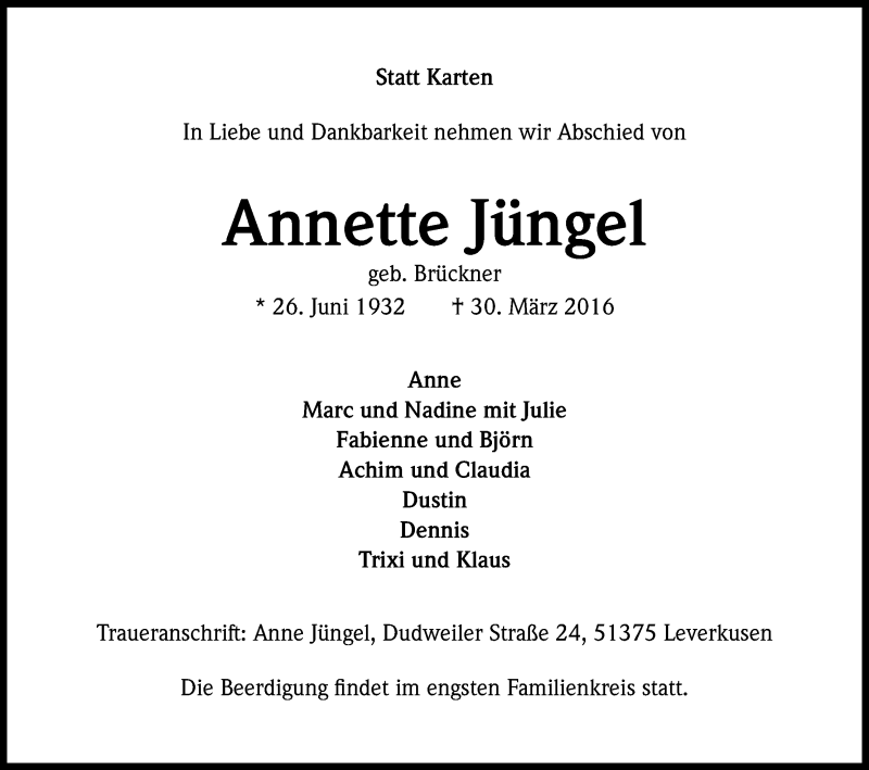  Traueranzeige für Annette Jüngel vom 02.04.2016 aus Kölner Stadt-Anzeiger / Kölnische Rundschau / Express
