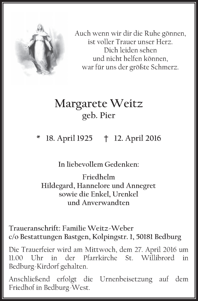 Traueranzeige für Margarete Weitz vom 23.04.2016 aus  Sonntags-Post 