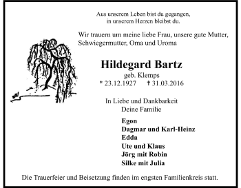 Anzeige von Hildegard Bartz von Kölner Stadt-Anzeiger / Kölnische Rundschau / Express