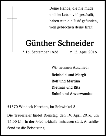 Anzeige von Günther Schneider von Kölner Stadt-Anzeiger / Kölnische Rundschau / Express