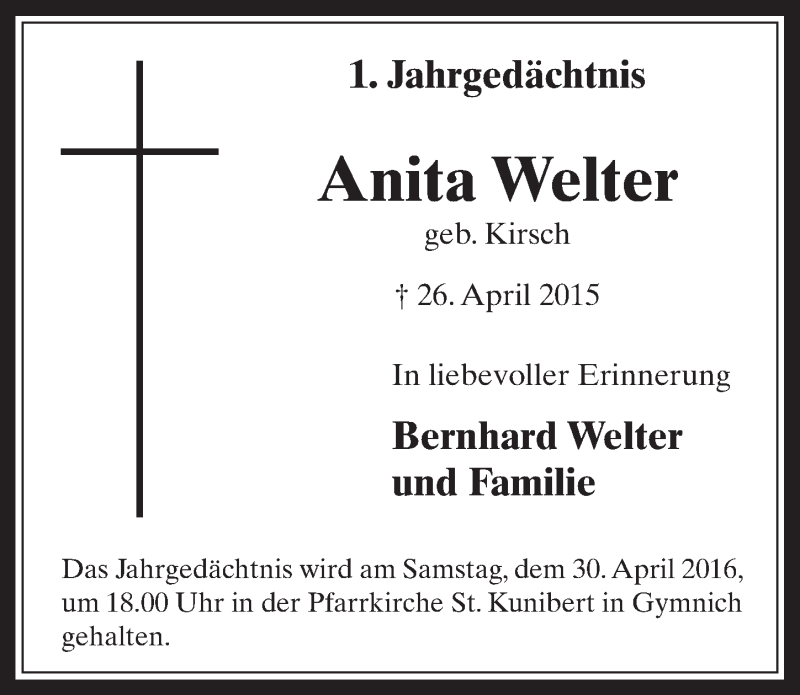 Traueranzeige für Anita Welter vom 27.04.2016 aus  Werbepost 