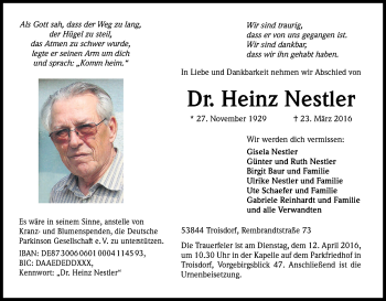 Anzeige von Heinz Nestler von Kölner Stadt-Anzeiger / Kölnische Rundschau / Express