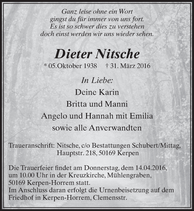  Traueranzeige für Dieter Nitsche vom 09.04.2016 aus  Sonntags-Post 
